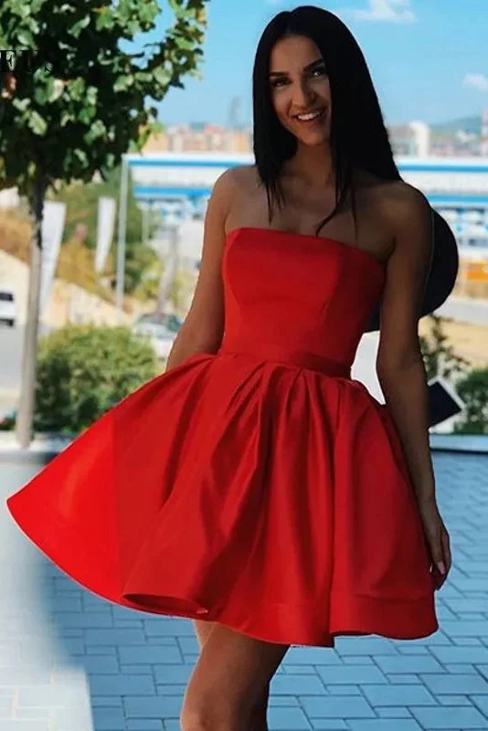 A Line Red Charming Strapless Short Homecoming Dress