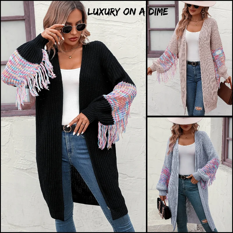 Fringe Sleeve Retro Waffle Knit Longline Cardigan Colorful Open Front Sweater Duster Ribbed Striped Patterned Fringe Sleeve Retro Waffle Knit Longline Cardigan Colorful Open Front Sweater Duster Ribbed Striped Patterned