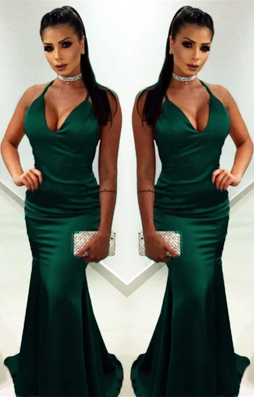 Long Satin V-neck Mermaid Evening Dresses Open Back Prom Gowns   cg6934