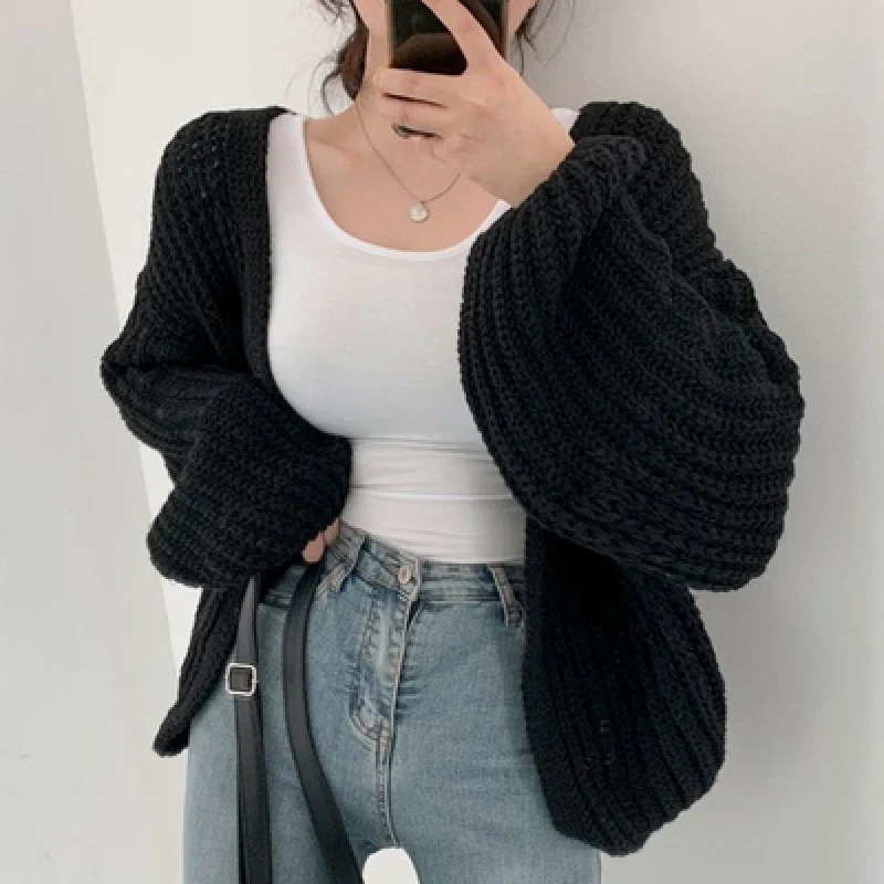Women Autumn Lazy V-Neck Loose Casual Solid Color Long Lantern Sleeve Knitted Cardigan Thin Thick Dense Women Autumn Lazy V-Neck Loose Casual Solid Color Long Lantern Sleeve Knitted Cardigan Thin Thick Dense