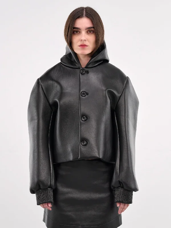 Cropped Hooded Blouson Jacket (LJ0045-LT0107-BLACK) Boat Neck Shawl Collar Notched Collar Cropped Hooded Blouson Jacket (LJ0045-LT0107-BLACK) Boat Neck Shawl Collar Notched Collar