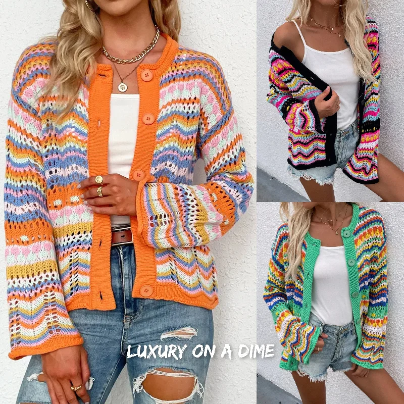 Bright Chevron Stripe Openwork Knit Button Front Long Sleeve Retro Cardigan Collared Crew Neck Turtle Neck Bright Chevron Stripe Openwork Knit Button Front Long Sleeve Retro Cardigan Collared Crew Neck Turtle Neck