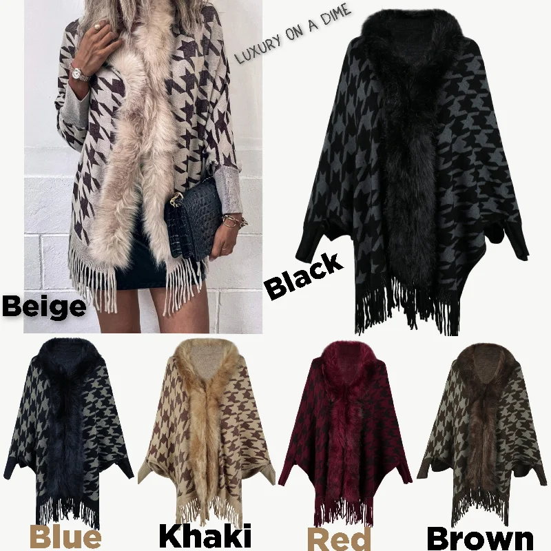 Faux Fur Retro Fringe Hem Oversized Houndstooth Knit Cardigan Poncho Wool Fabric Cashmere Fabric Tweed Fabric Faux Fur Retro Fringe Hem Oversized Houndstooth Knit Cardigan Poncho Wool Fabric Cashmere Fabric Tweed Fabric