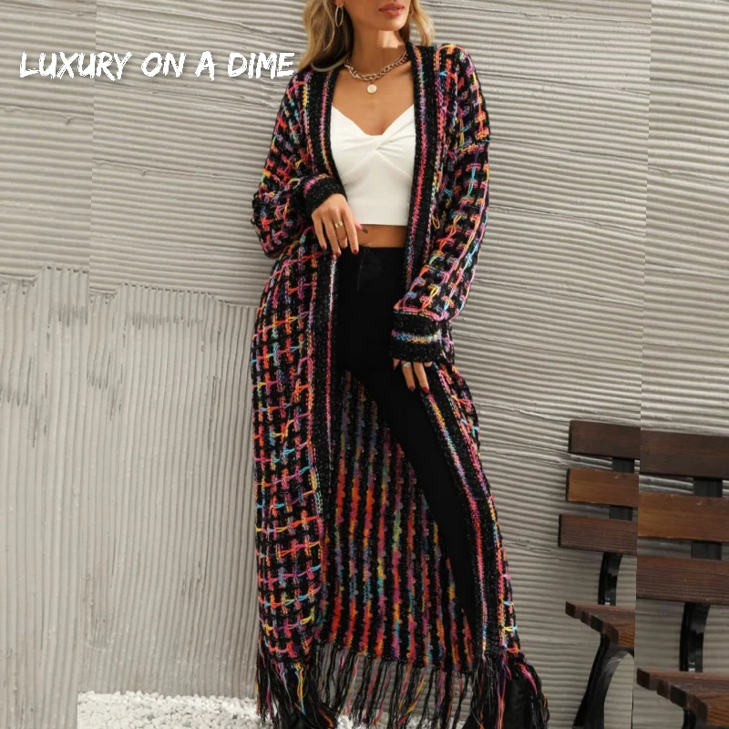 Retro Knit Bold Colorful Open Front Fringe Hem Longline Duster Sweater Cardigan Welt Pockets Slit Pockets Flap Pockets Retro Knit Bold Colorful Open Front Fringe Hem Longline Duster Sweater Cardigan Welt Pockets Slit Pockets Flap Pockets
