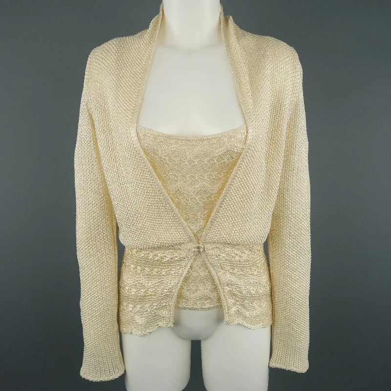 MISSONI Size 8 Cream Knit Cardigan & Camisole Top Set Solid Color Striped Floral Print