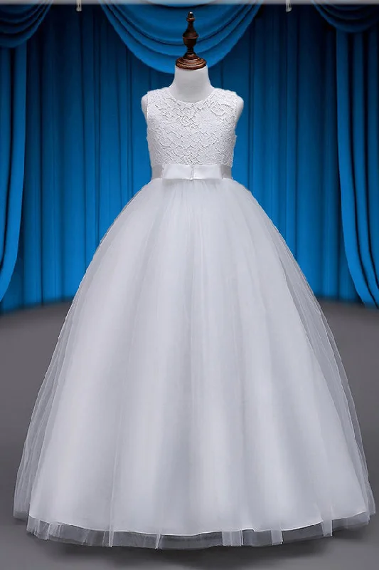 Charming Lace Tulle Long Flower Girl Dresses With Sash