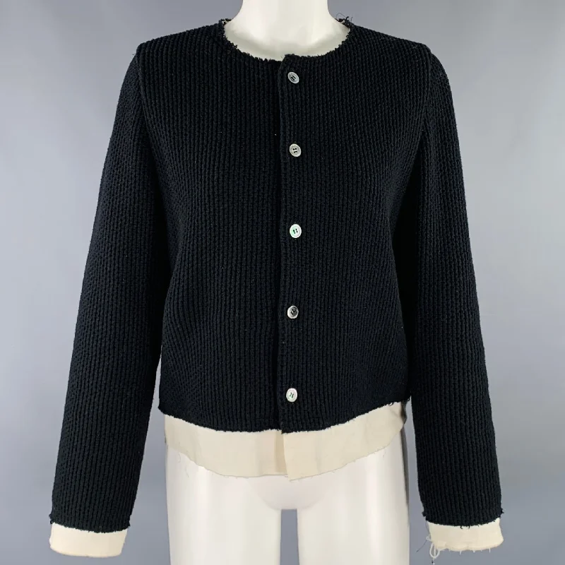 COMME des GARCONS Size S Black Cream Wool Nylon Raw Edge Cardigan Patchwork Embroidered Appliqued COMME des GARCONS Size S Black Cream Wool Nylon Raw Edge Cardigan Patchwork Embroidered Appliqued