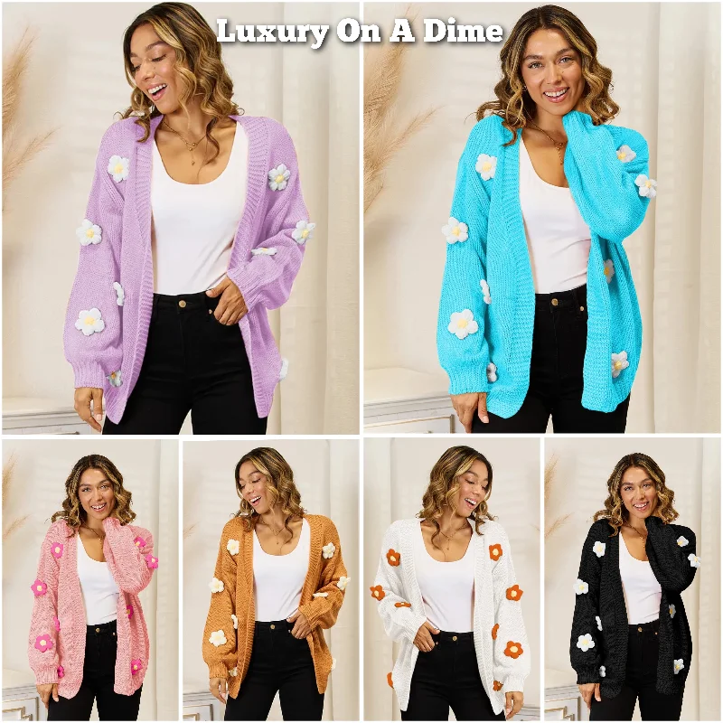 Contrasting 3D Crochet Flower Long Sleeve Open Front Oversized Knit Cardigan Knit Fabric Woven Fabric Fleece Fabric