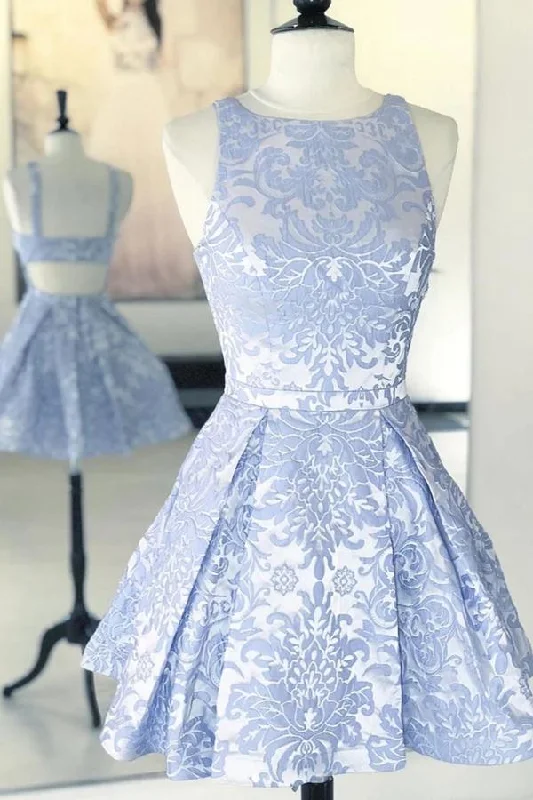 A-line Scoop Sleeveless Blue Short Prom Dress Print Homecoming Dress SX66512