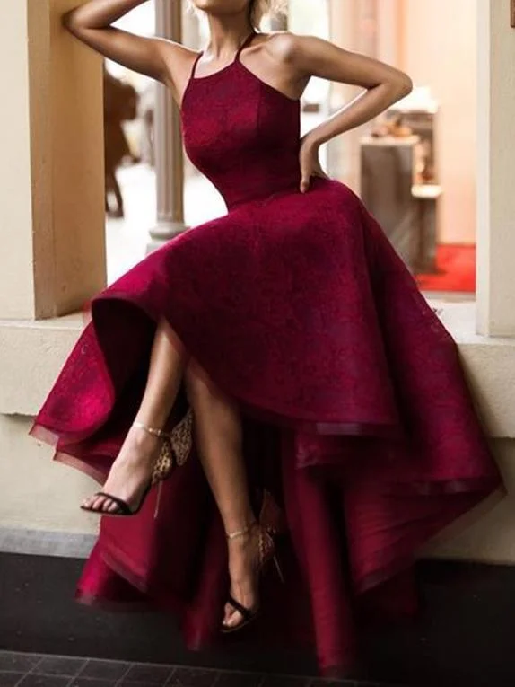 Halter Cute Dark Red High Low Lace Homecoming Dresses 2018, CM511