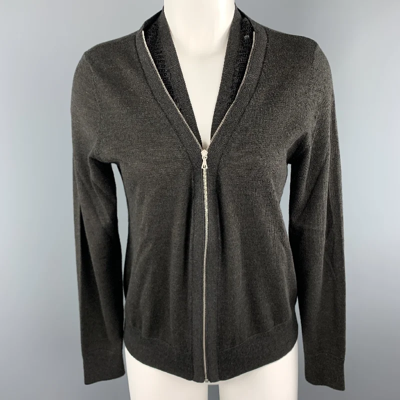 DRIES VAN NOTEN Size S Grey Merino Wool Blend Sequin Collar Zip Cardigan Crew Neck V-Neck Turtle Neck
