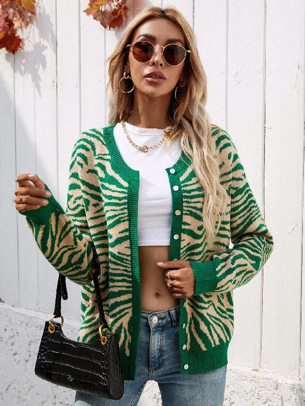 Zebra Print Button Down Cardigan Boxy Cardigan Fitted Cardigan A-Line