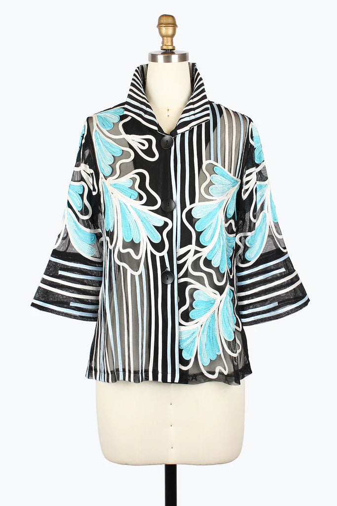 Damee 2407-PNK, BLU S25 Flowers & Stripes Soutache Jacket A-Line Jacket Boat Neck Shawl Collar