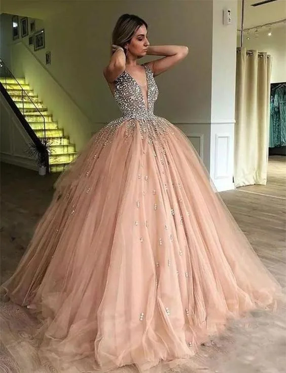 Ball Gown Deep V-Neck Low Cut Champagne Quinceanera Dress with Beading , sparkly prom dress cg635 Ball Gown Deep V-Neck Low Cut Champagne Quinceanera Dress with Beading , sparkly prom dress cg635