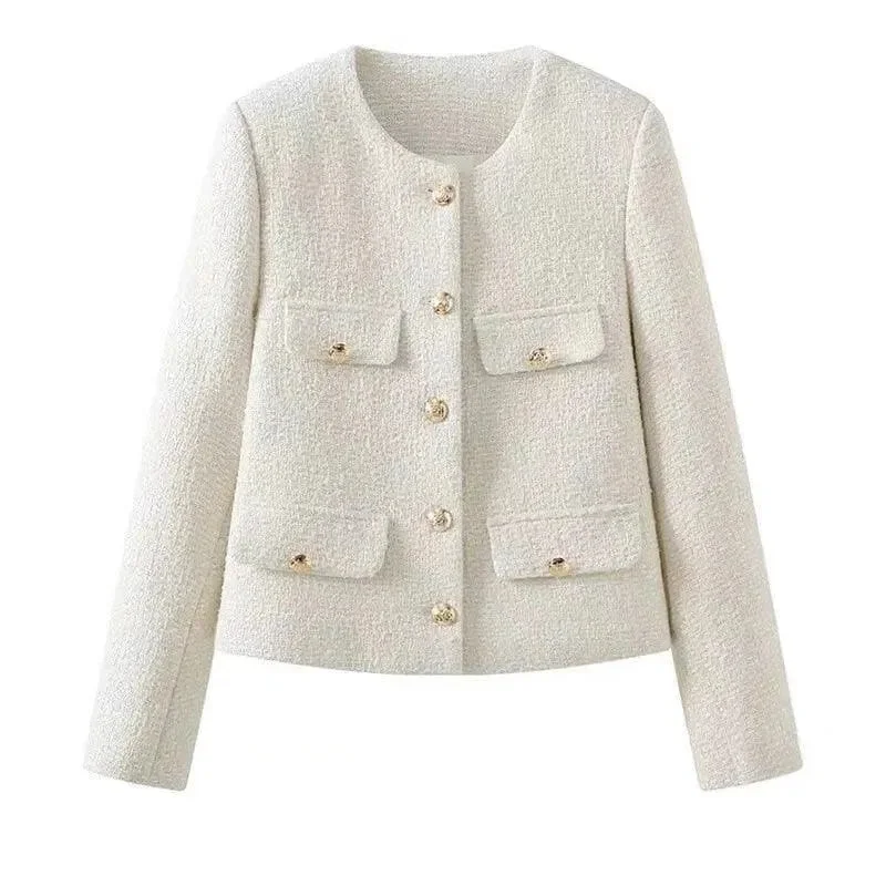 Chic Multipocket Women's Tweed Jacket Boat Neck Shawl Collar Notched Collar