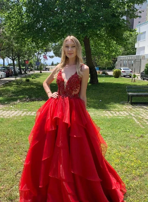 Red v neck tulle lace long prom dress, red evening dress cg1004