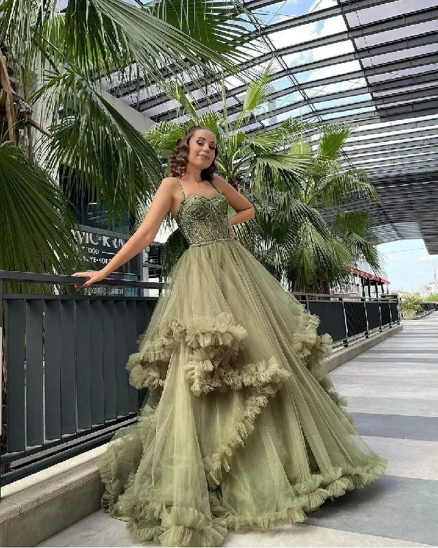 Elegant Tiered Ruffled Tulle Prom Dresses Sweetheart Formal Graduation Gowns Pleat Princess Long Evening Party Elegant Tiered Ruffled Tulle Prom Dresses Sweetheart Formal Graduation Gowns Pleat Princess Long Evening Party