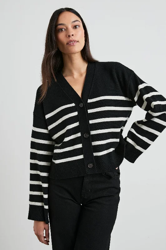GENEVA CARDIGAN - BLACK OATMEAL STRIPE Iron Safe Non-Iron Wrinkle Free