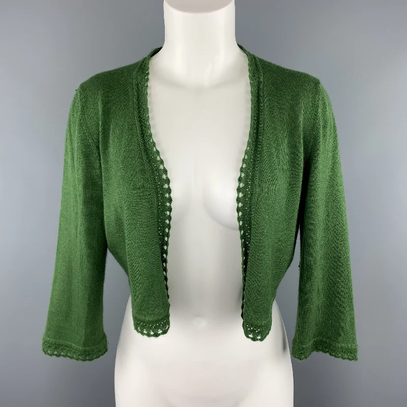 OSCAR DE LA RENTA Size M Green Cashmere / Silk Lace Trim Bolero Cardigan Polka Dot Checkered Tartan OSCAR DE LA RENTA Size M Green Cashmere / Silk Lace Trim Bolero Cardigan Polka Dot Checkered Tartan