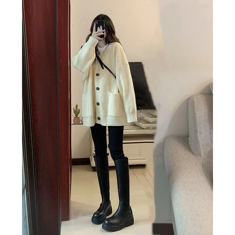 Women Fashion Simple Lazy Style V-Neck Cardigan Sweater Knitted Jacket Long Cardigan Short Cardigan Medium Cardigan Women Fashion Simple Lazy Style V-Neck Cardigan Sweater Knitted Jacket Long Cardigan Short Cardigan Medium Cardigan