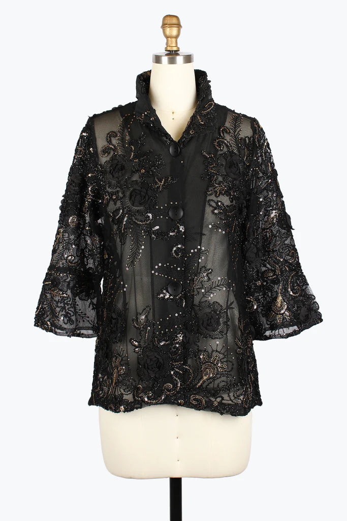Damee 2421-BLK S25 Sequened Flower Mesh Jacket Ribbed Jacket Pleated Jacket Ruffled Jacket Damee 2421-BLK S25 Sequened Flower Mesh Jacket Ribbed Jacket Pleated Jacket Ruffled Jacket