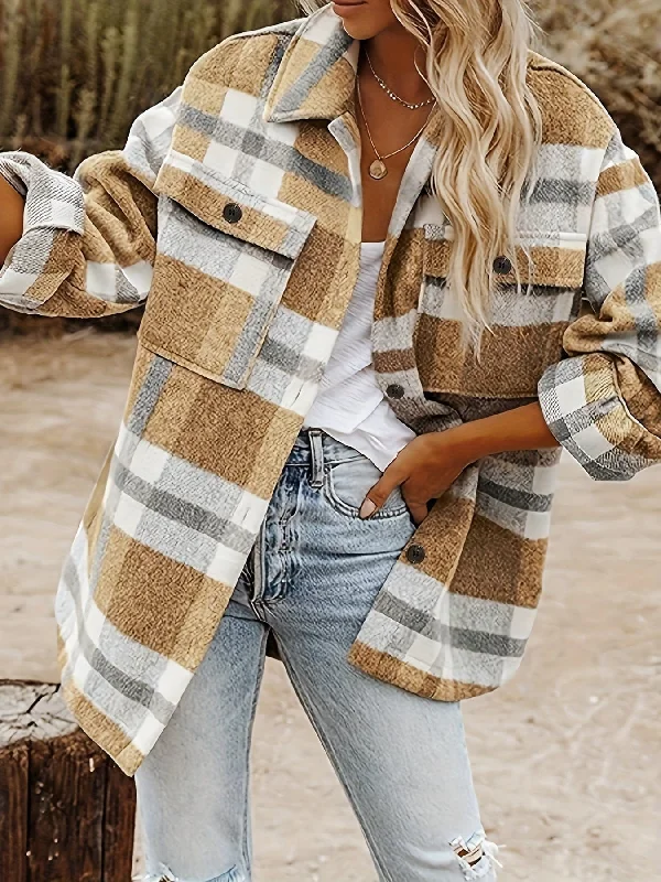 Camel and Gray Plaid Flannel Shirt Jacket Cotton Fabric Linen Fabric Terry Fabric