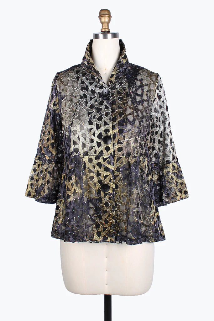 Damee Gold Holographic scale mesh short jacket 400-GLD Boat Neck Shawl Collar Notched Collar Damee Gold Holographic scale mesh short jacket 400-GLD Boat Neck Shawl Collar Notched Collar