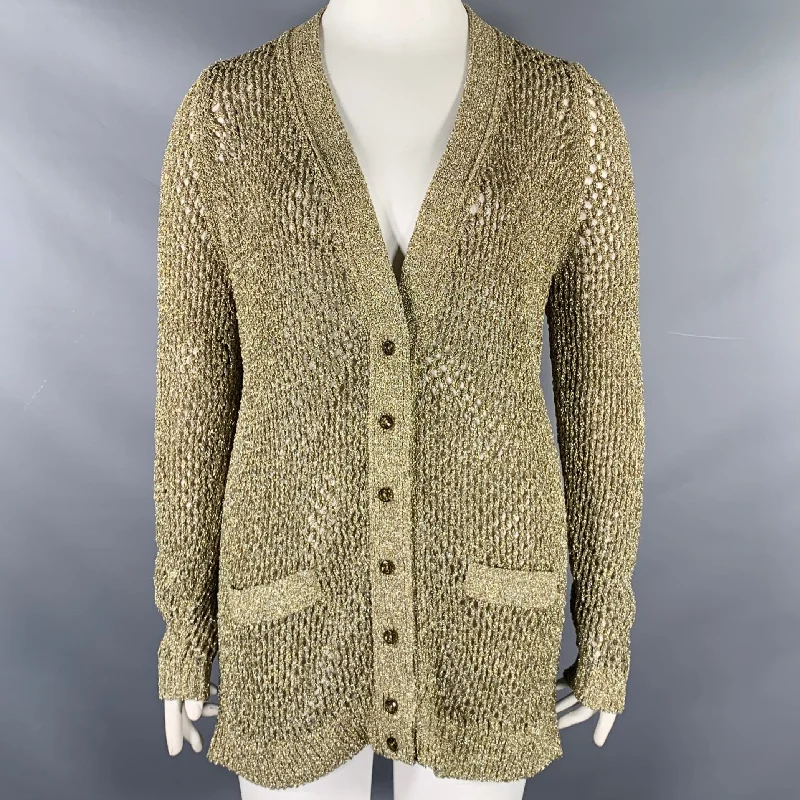 MARC JACOBS Size L Runway 2018 Gold Nylon Metallic Knit Mesh Cardigan Open Front Closed Front Wrap Front MARC JACOBS Size L Runway 2018 Gold Nylon Metallic Knit Mesh Cardigan Open Front Closed Front Wrap Front