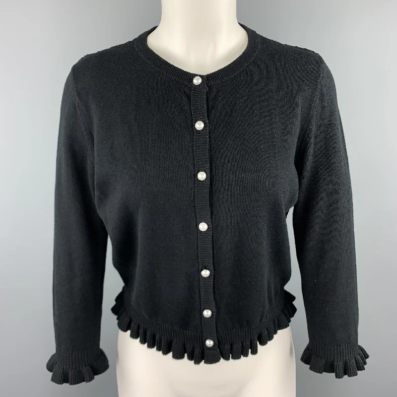 KARL LAGERFELD Size XS Black Cotton Blend Lace Back Ruffle Cardigan Chenille Fabric Brocade Fabric Lace Fabric