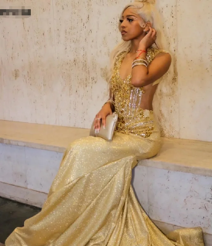 Gold Sequin Mermaid Prom Dress 2024 Blackgirls Rhinestones Crystal Birthday Party Gala Gowns Vestidos De Festa Gold Sequin Mermaid Prom Dress 2024 Blackgirls Rhinestones Crystal Birthday Party Gala Gowns Vestidos De Festa