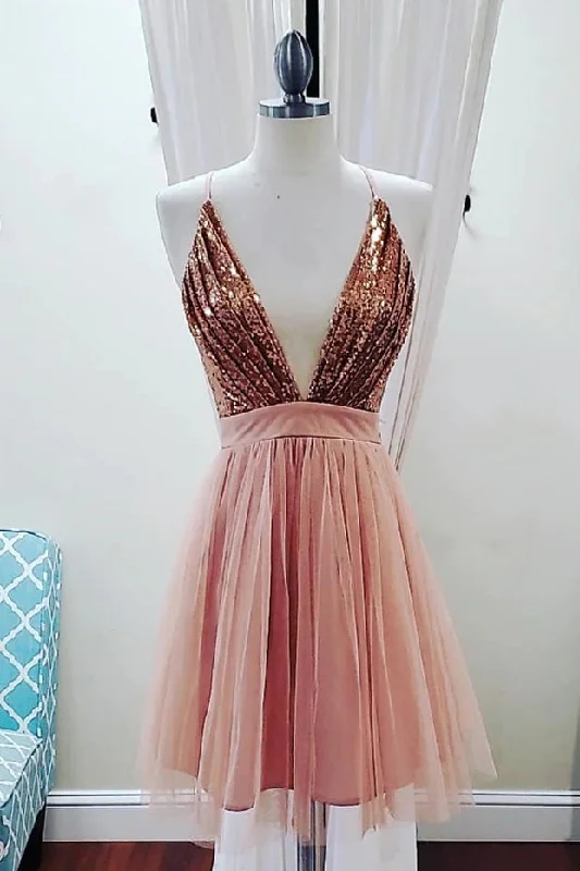 Spaghetti Straps Deep V-neck Sequins Sleeveless Short Prom Dresses Homecoming Dresses