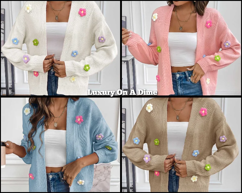 Colorful Crochet Daisy Flower Long Sleeve Open Front Waffle Knit Cardigan Sweater Anti-Pilling Anti-Shrink Durable