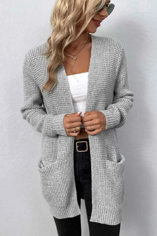 Waffle Knit Longline Open Front Sweater Pocket Cardigan Anti-Pilling Anti-Shrink Durable