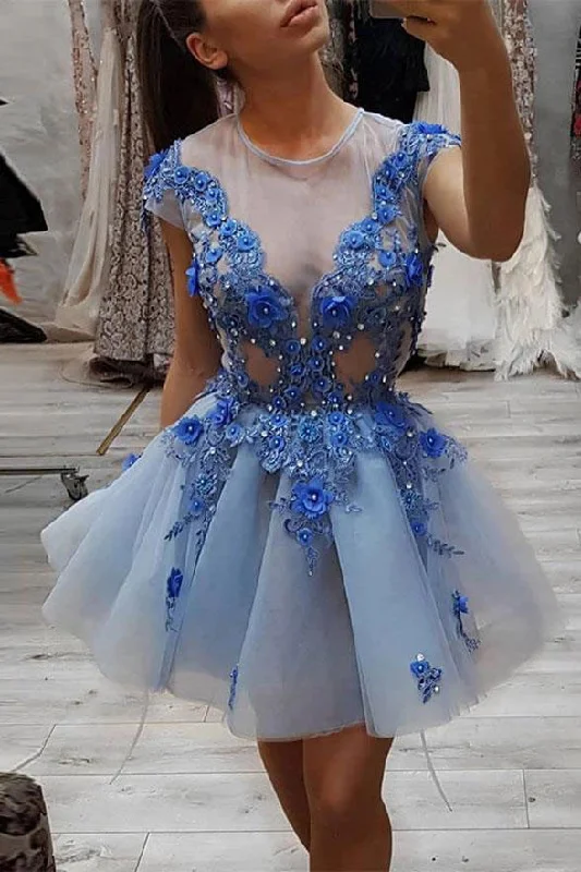 Cap Sleeve See Through 3D Flowers Appliques Short Prom Dress Homecoming Dresses Cocktail Dress Cap Sleeve See Through 3D Flowers Appliques Short Prom Dress Homecoming Dresses Cocktail Dress