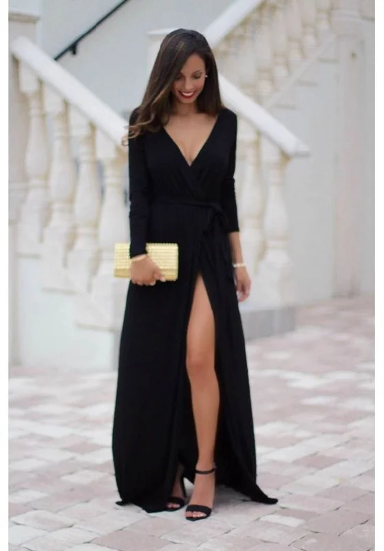 Custom Made Black Prom Dress,Long Sleeves Evening Dress, Deep V-Neck Party Gown,Side Slit Prom Dress cg735 Custom Made Black Prom Dress,Long Sleeves Evening Dress, Deep V-Neck Party Gown,Side Slit Prom Dress cg735