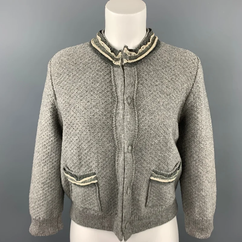FENDI Size 6 Gray Wool Knitted Ruffle Trim Cardigan Lightweight Heavyweight Midweight FENDI Size 6 Gray Wool Knitted Ruffle Trim Cardigan Lightweight Heavyweight Midweight