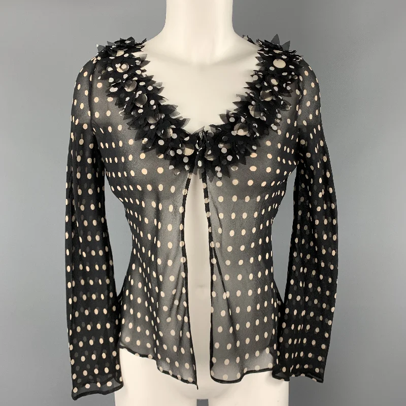 MOSCHINO Size 8 Black & Cream Polk Dot Silk Floral Cardigan Blouse Zippered Buttoned Snapped MOSCHINO Size 8 Black & Cream Polk Dot Silk Floral Cardigan Blouse Zippered Buttoned Snapped