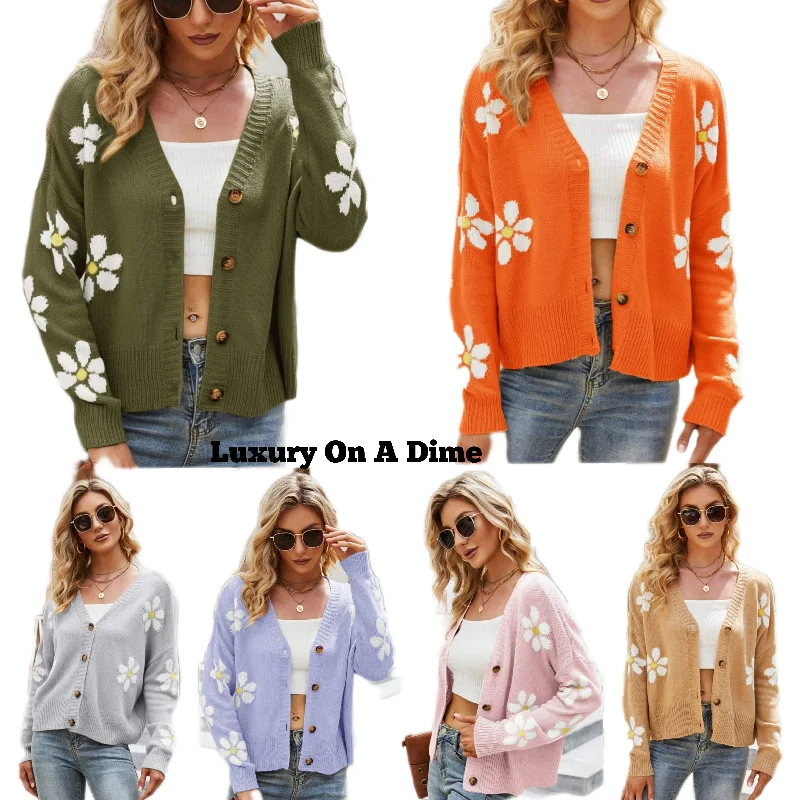 Retro Knit Daisy Flower Classic Button Front Long Sleeve Cardigan Fun 70s Floral Striped Floral Plaid Retro Knit Daisy Flower Classic Button Front Long Sleeve Cardigan Fun 70s Floral Striped Floral Plaid