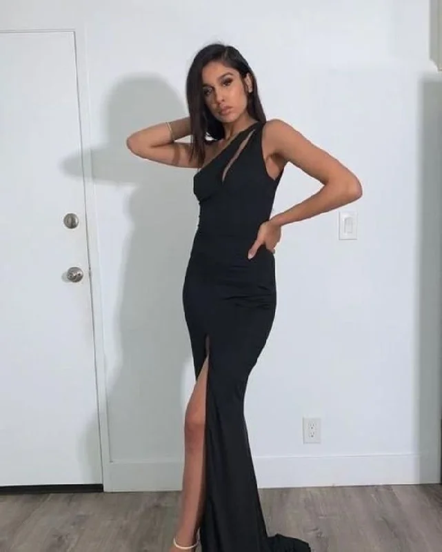 One Shoulder Side Slit Mermaid Evening Dress, Black Long Dress Prom Gown   cg13183