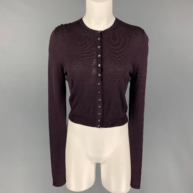 JOHN GALLIANO Size S Eggplant Silk Perforated Crew-Neck Cardigan Toggled Drawstring Belted