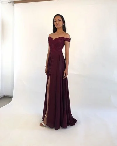 Classic A Line Off the Shoulder Burgundy/Green Long Prom/Evening Dresses with Appliques  cg6727