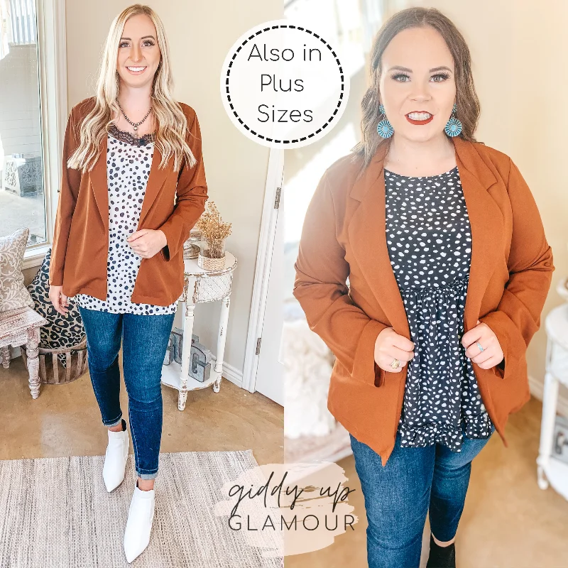 Last Chance Size Small | Legally Blonde 3/4 Sleeve Open Front Collared Blazer in Chestnut Brown