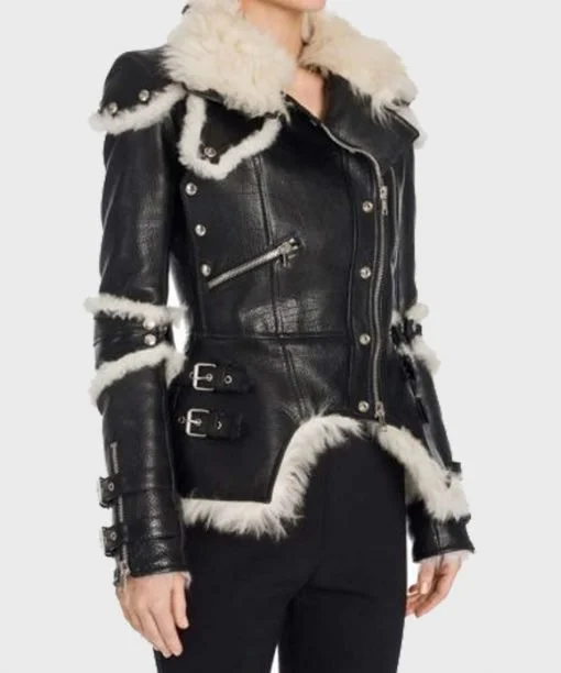 Black Sheepskin Leather Shearling Biker Womens Jacket