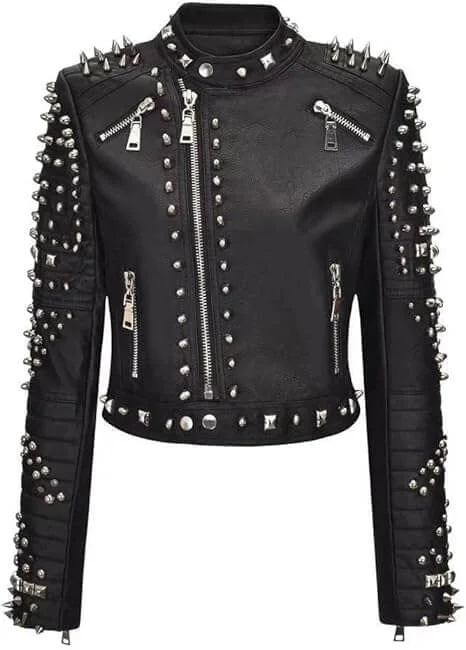 Black Studded Game Queen Diamond Pattern Biker Leather Jacket