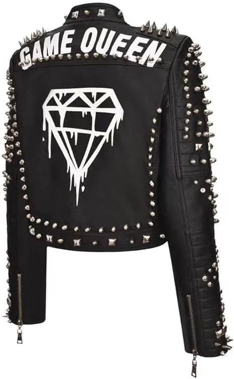 Black Studded Game Queen Diamond Pattern Biker Leather Jacket