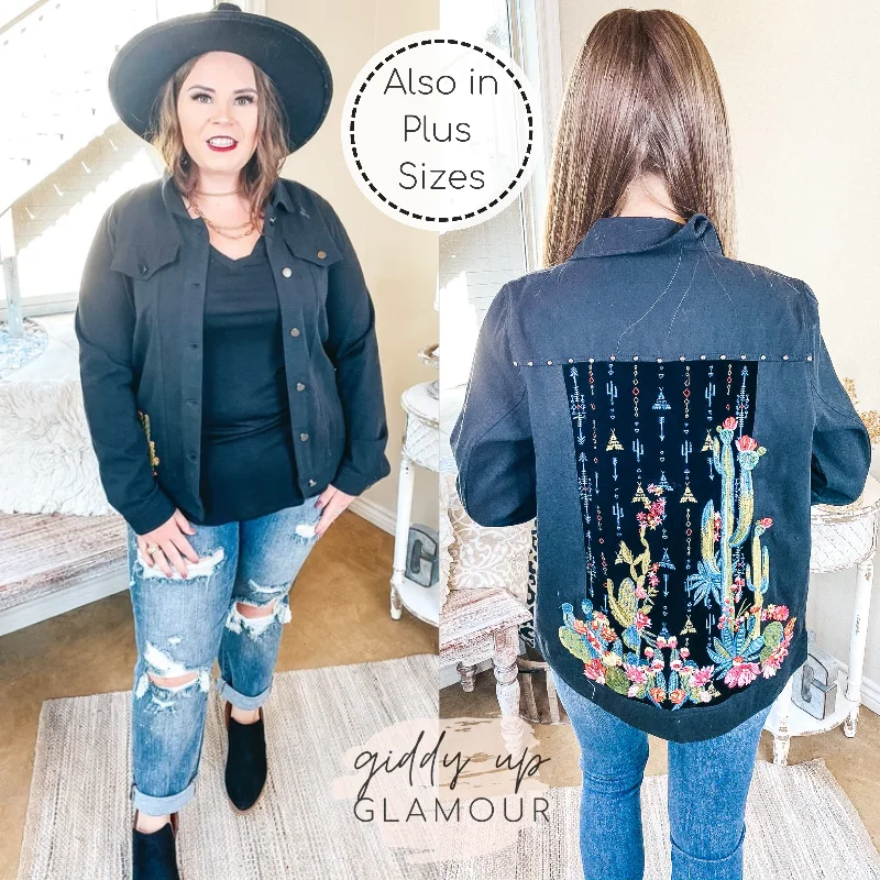 Last Chance Size Small | Painted Desert Button Up Jacket with Velvet and Cactus Embroidered Back in Black