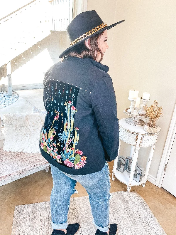 Last Chance Size Small | Painted Desert Button Up Jacket with Velvet and Cactus Embroidered Back in Black