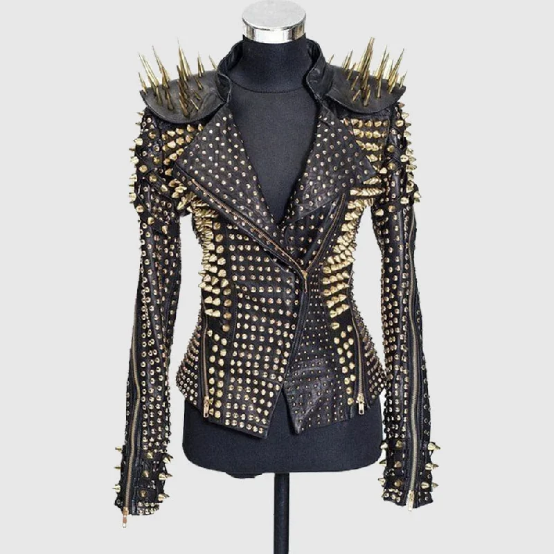 Gold Spiked Punk Style Heavy Metal Real Leather Biker Cocktail Jacket