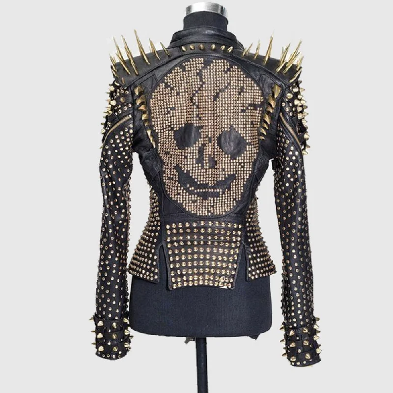 Gold Spiked Punk Style Heavy Metal Real Leather Biker Cocktail Jacket