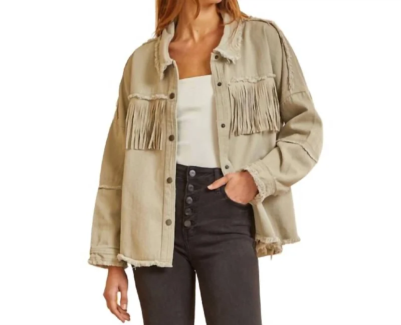 Fringe Denim Jacket In Light Olive